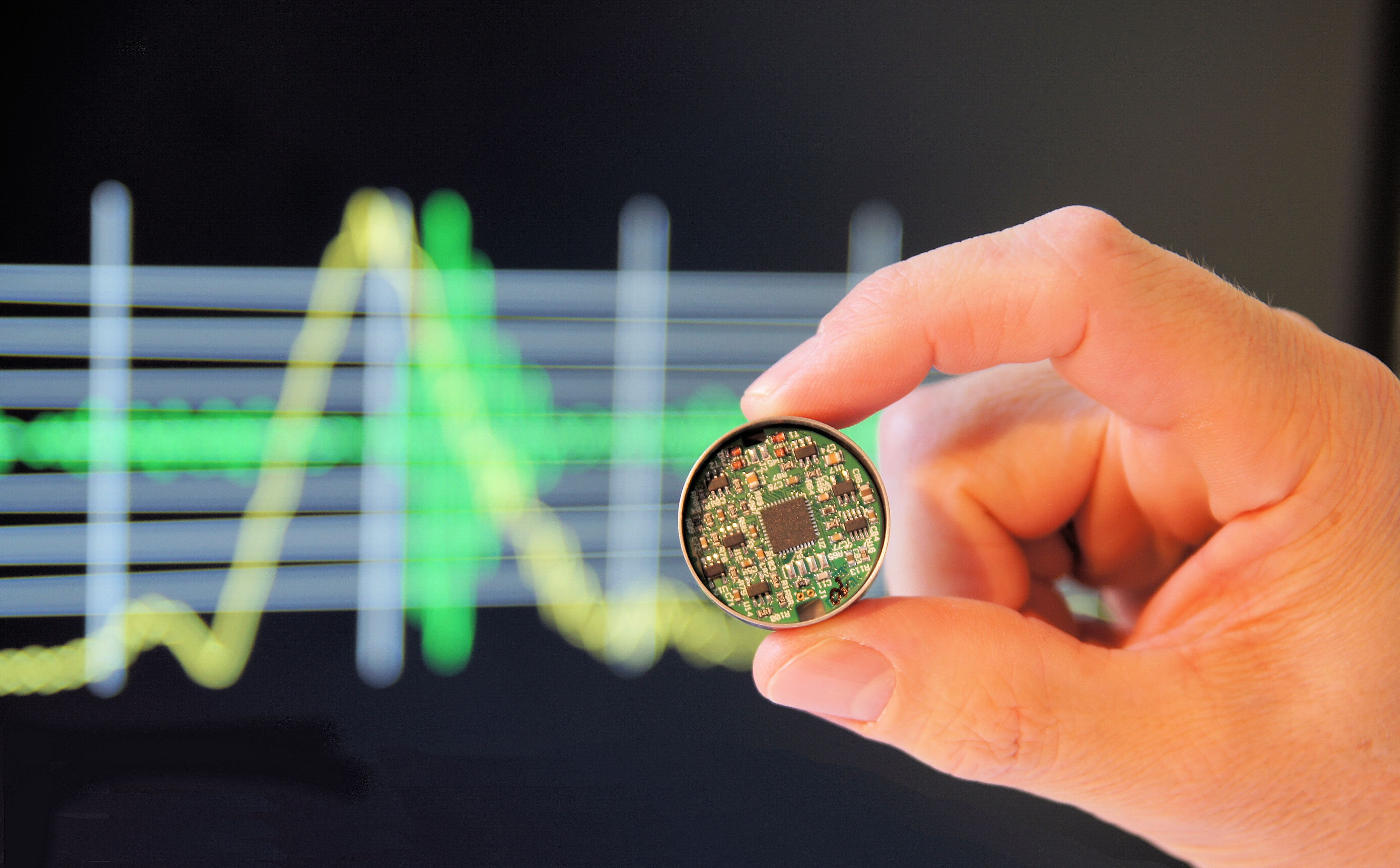 Implant electronics with an integrated interface for wireless energy and data transfer using ultrasound to supply implants at greater depths.